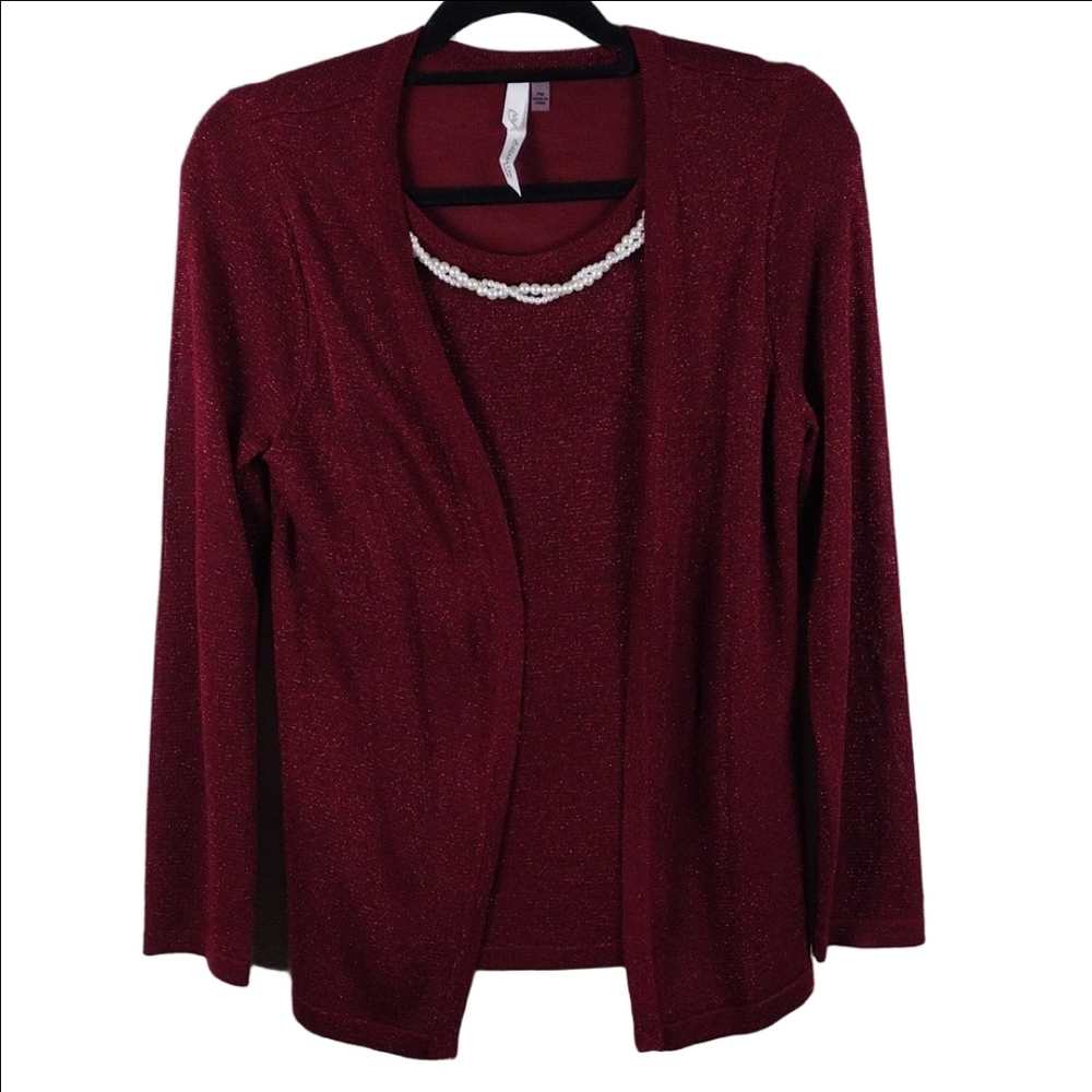 NY Collection Red Metallic Scoop Neck Long Sleeve Attached Cardigan Sweater Top